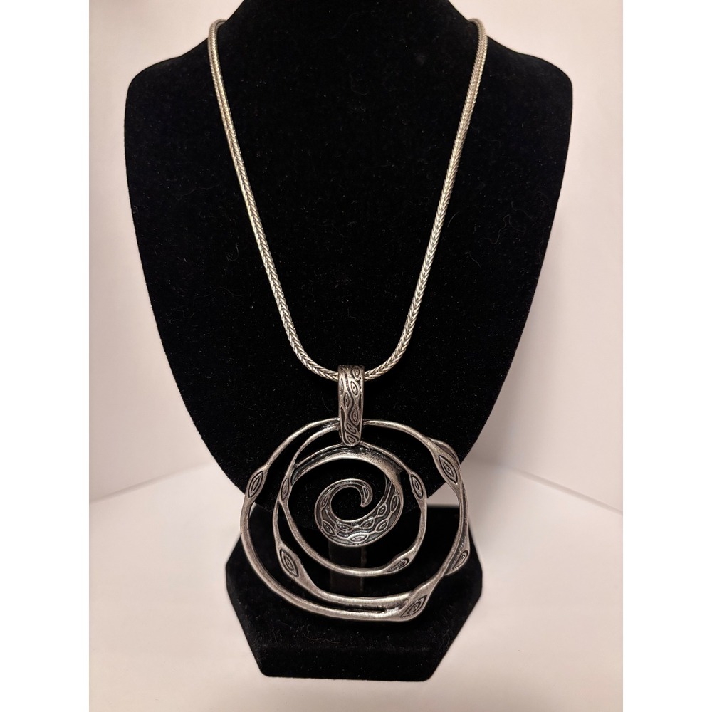 Silver Tone Antiqued Spiral Pendant Wheat Chain Necklace Boho Statement Jewelry